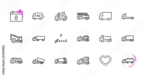 Truck Set of Transport Vector Line Icons. Contains such Icons as Truck, Transportation, Tow Truck, Cranes, Mixer, Garbage Truck, Manipulators, Delivery service and more. Editable Stroke. 32x32 Pixel
