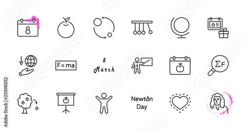 Newton's Day Set Line Vector Icon. Contains such Icons as Newton, Laws of physics and gravity, Flying Apple, Calendar, Teacher, blackboard and projector Editable Stroke. 32x32 Pixel Perfect