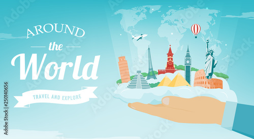 Travel composition with famous world landmarks. Travel and Tourism concept. Vector