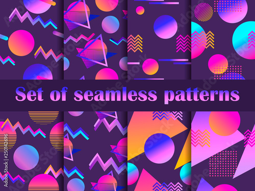Futurism seamless pattern set. Liquid shape in the style of 80s. Synthwave retro background. Retrowave. Geometric objects with gradient. Vector illustration