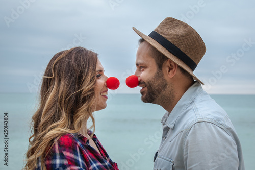 Vászonkép Crazy Love. Happy, Silly couple with red nose