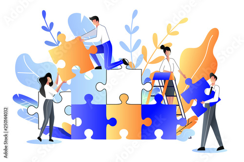 Young people collect multicolor puzzle. Vector flat illustration. Development, teamwork, partnership business metaphor