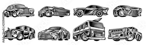 Muscle cars and vintage transports for logo and labels. Set of retro old school auto service. Collection of classic roadster. Engraved hand drawn sketch. Business class and sports motor vehicle.