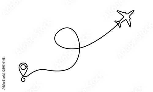 Continuous line drawing of Airplane line path vector icon of air plane flight route with start point and dash line trace - Vector illustration. - Vector