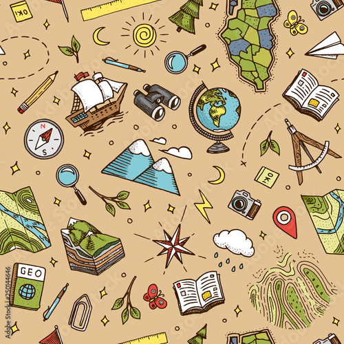 Geography symbols seamless pattern. Equipments for web banners background. Vintage outline sketch for web banners. Doodle style. Education concept. Back to school background. Hand drawn style.