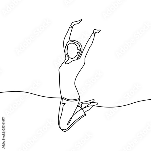 Continuous line drawing of woman happy jumping in air. Vector