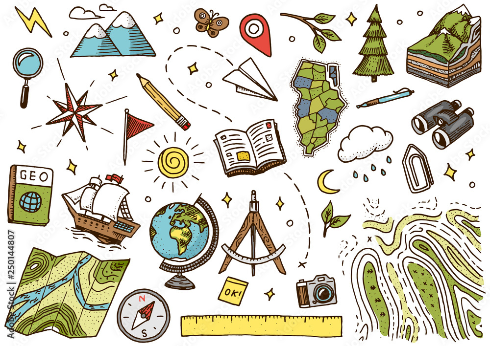 Set of geography symbols. Equipments for web banners. Vintage outline sketch for web banners. Doodle style. Education concept. Back to school background. Hand drawn style. - obrazy, fototapety, plakaty 