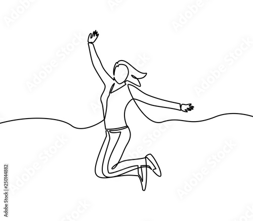 Continuous line drawing of woman happy jumping in air. Vector