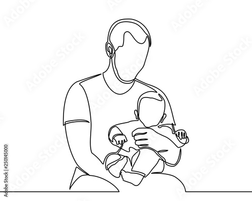 continuous line drawing of family, parenthood and people concept - happy father playing with little baby at home - vector