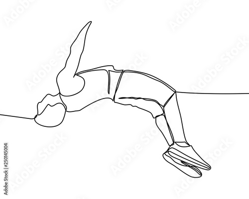 continuous line drawing of extreme sport, parkour and people concept - young man jumping high over. - Vector