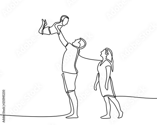 Continuous line drawing of happy family father, mother and one child playing. vector