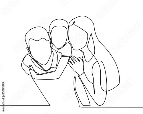 Continuous line drawing of happy family father, mother and one child playing. vector