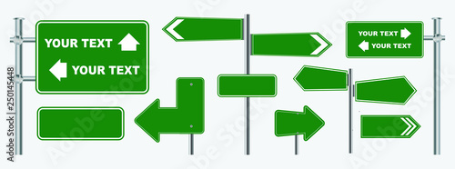 Set of green road signs isolated, for brochure, flyer, cover book and other printing design. easy to modify