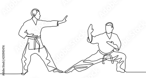 continuous line drawing of two male karate athlete - Vector