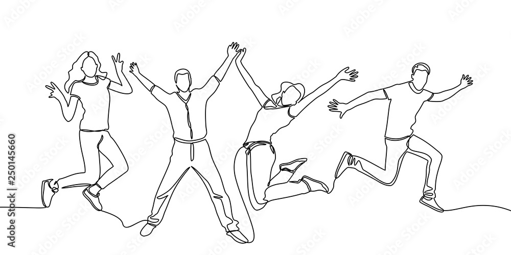 continuous line drawing of jumping happy team members. happiness, freedom, motion and people concept. smiling young friends. jumping in air. vector
