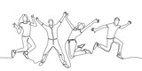 continuous line drawing of jumping happy team members. happiness, freedom, motion and people concept. smiling young friends. jumping in air. vector