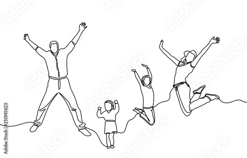 continuous line drawings of happy young families jumping for fun - Vector