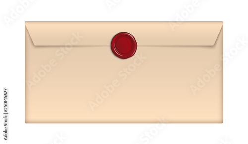 Vector brown paper retro envelope with red wax seal isolated on white background