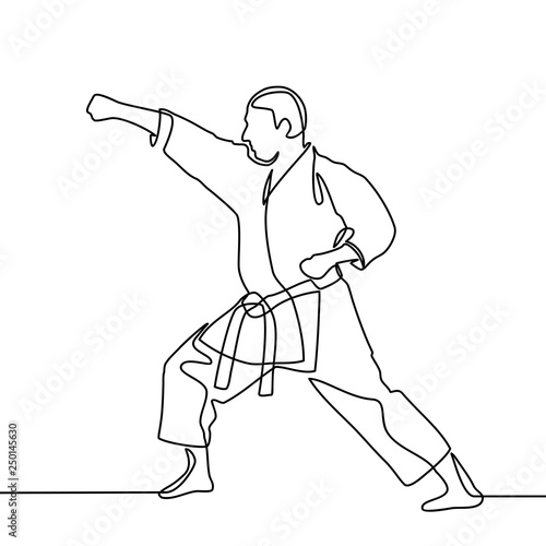 continuous line drawing of one male karate athlete - Vector