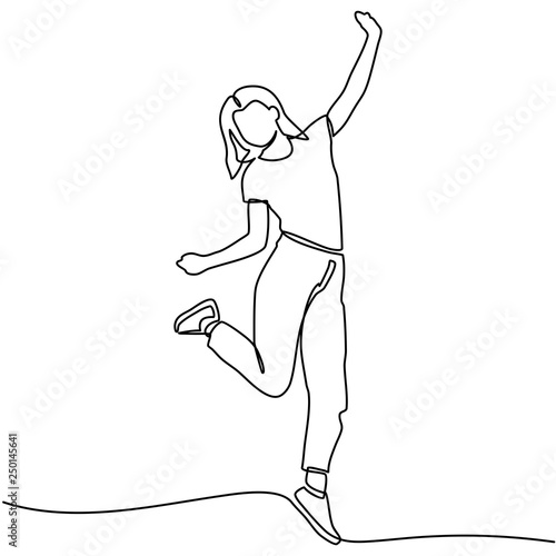 Continuous line drawing of woman happy jumping in air. Vector