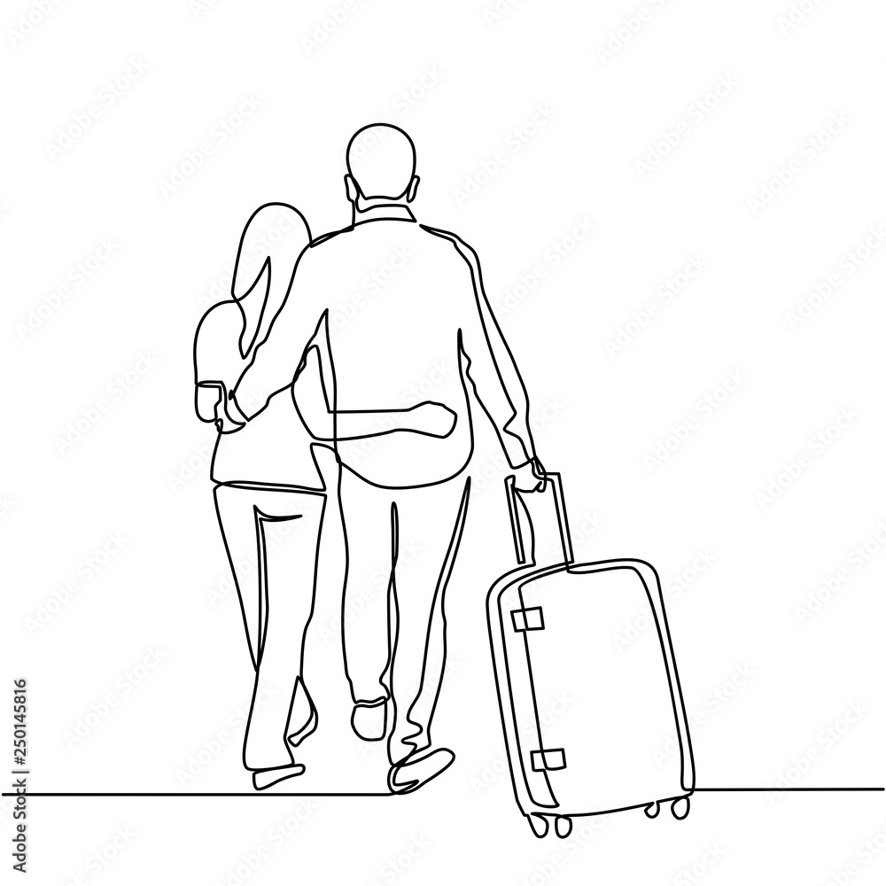 continuous line drawing of male and female pairs with suitcases on the trip. - Vector continuous line drawing of male and female pairs with suitcases on the trip. - Vector