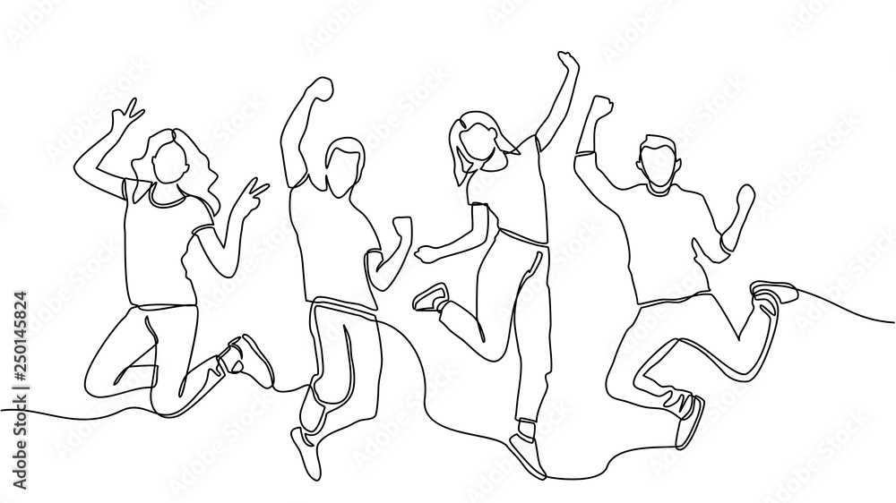 continuous line drawing of jumping happy team members. happiness, freedom, motion and people concept. smiling young friends. jumping in air. vector - obrazy, fototapety, plakaty 