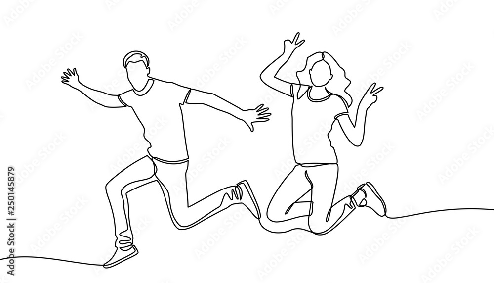 Continuous line drawing business concept sketch of happy jumping couple. Vector Continuous line drawing business concept sketch of happy jumping couple. Vector