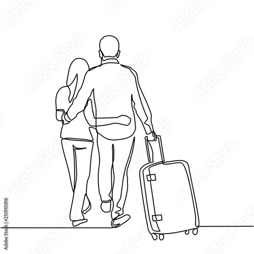 continuous line drawing of male and female pairs with suitcases on the trip. - Vector