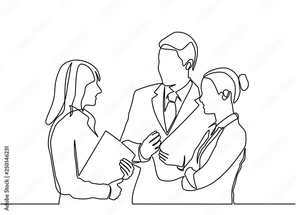 continuous line drawing concept of business people meeting. vector - obrazy, fototapety, plakaty 