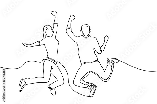 Continuous line drawing business concept sketch of happy jumping couple. Vector
