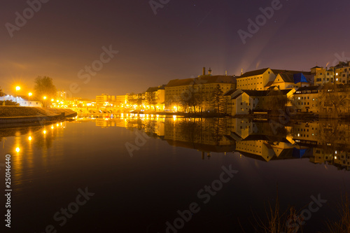 Night winter royal medieval Town Pisek above the river Otava, Czech Republic  © Kajano