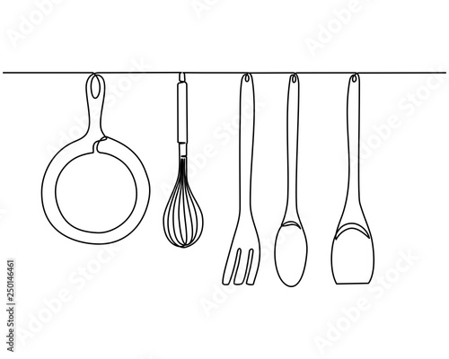 Continuous one line drawing. Fork, spoons, knife plates and all eating and cooking utensils, can be used for restaurant logos, cakes, business cards, banners and others. Black and white vector illustr