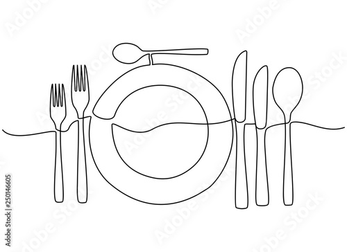 Continuous one line drawing. Fork, spoons, knife plates and all eating and cooking utensils, can be used for restaurant logos, cakes, business cards, banners and others. Black and white vector illustr