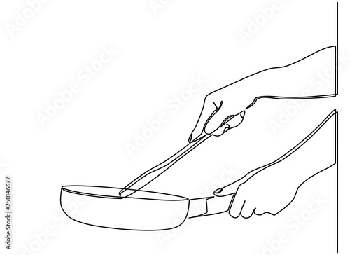 continuous line drawing of Side view of chef hand holding a frying pan preparing food. Cooking action concept. one line vector - Vector