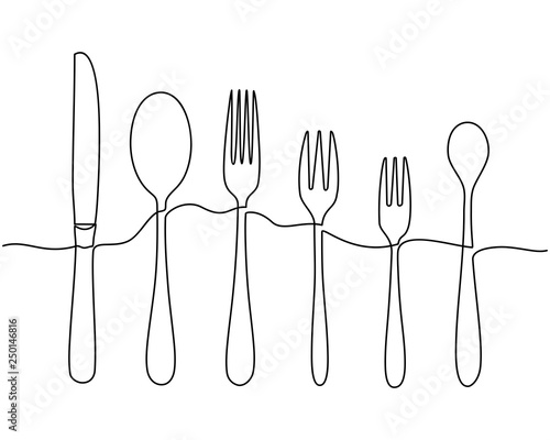 Continuous one line drawing. Fork, spoons, knife plates and all eating and cooking utensils, can be used for restaurant logos, cakes, business cards, banners and others. Black and white vector illustr