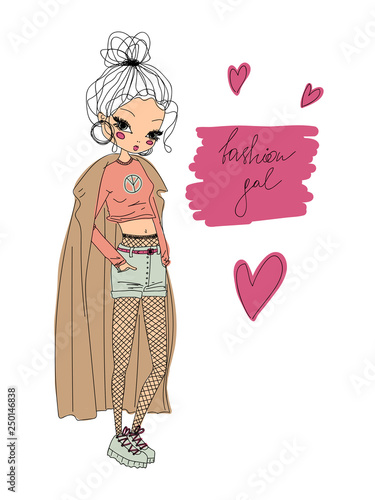vector fashion girl linear illustration. colorful fashion girl hand drawn in line art wearing stylish clothes, fashion gal calligraphy and hearts. colorful outline of a fashion gal vector illustration