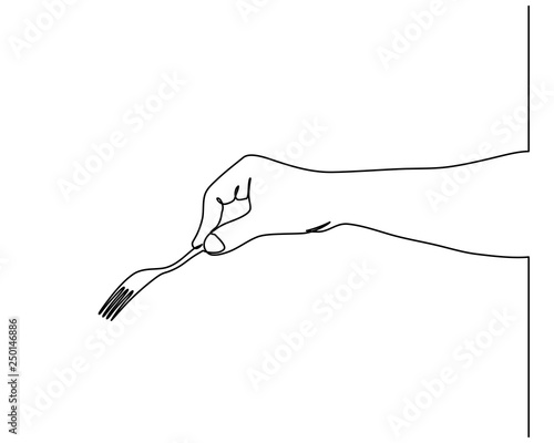 Continuous line drawing of hands holding a fork, spoon. Vector