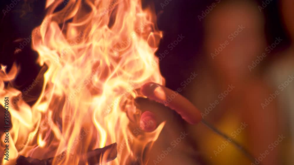 SLOW MOTION, MACRO, DOF: Delicious weiners are held on skewers above the fiery orange flames. Unknown campers roasting tasty hotdogs over an open fire. Delicious sausages are being roasted at night. SLOW MOTION, MACRO, DOF: Delicious weiners are held on skewers above the fiery orange flames. Unknown campers roasting tasty hotdogs over an open fire. Delicious sausages are being roasted at night.