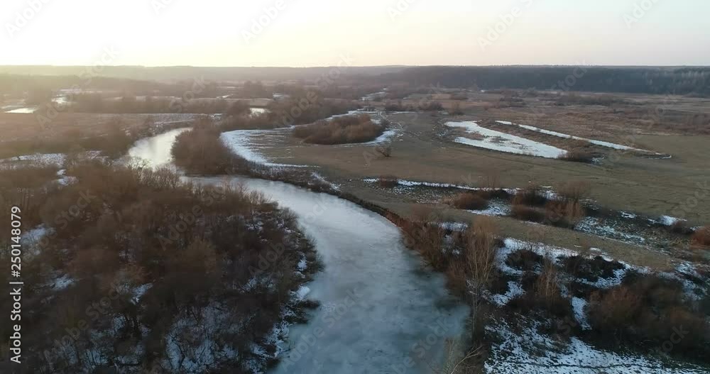 Goryn river, sunset. Ukraine, Rivne region, Aerial drone view Goryn river, sunset. Ukraine, Rivne region, Aerial drone view