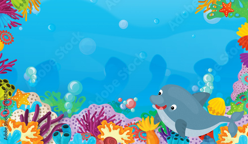 Fototapeta Naklejka Na Ścianę i Meble -  cartoon scene with coral reef with happy and cute fish swimming with frame space text dolphin - illustration for children