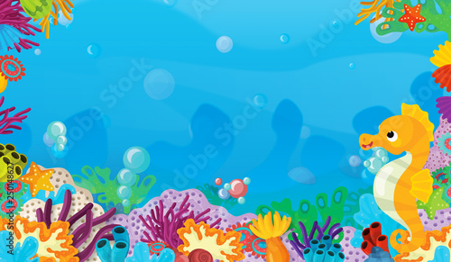 cartoon scene with coral reef with happy and cute fish swimming with frame space text sea horse - illustration for children