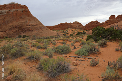 An overcast shot of the landscape in the Devils Garden in Arches National Park, Utah.