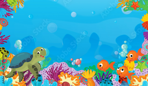 cartoon scene with coral reef with happy and cute fish swimming with frame space text turtle - illustration for children © agaes8080