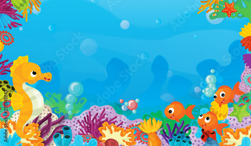 cartoon scene with coral reef with happy and cute fish swimming with frame space text - illustration for children