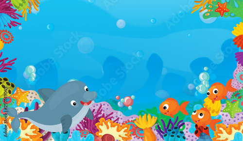 Fototapeta Naklejka Na Ścianę i Meble -  cartoon scene with coral reef with happy and cute fish swimming with frame space text dolphin - illustration for children