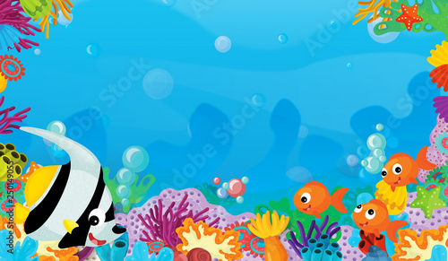 Fototapeta Naklejka Na Ścianę i Meble -  cartoon scene with coral reef with happy and cute fish swimming with frame space text - illustration for children