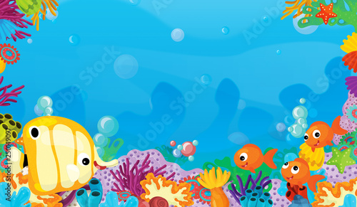 Fototapeta Naklejka Na Ścianę i Meble -  cartoon scene with coral reef with happy and cute fish swimming with frame space text - illustration for children