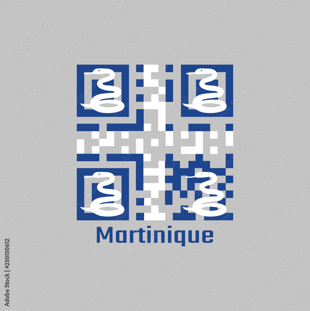 QR code set the color of Martinique flag. Four white snake on blue field and white cross in the center. QR code set the color of Martinique flag. Four white snake on blue field and white cross in the center.