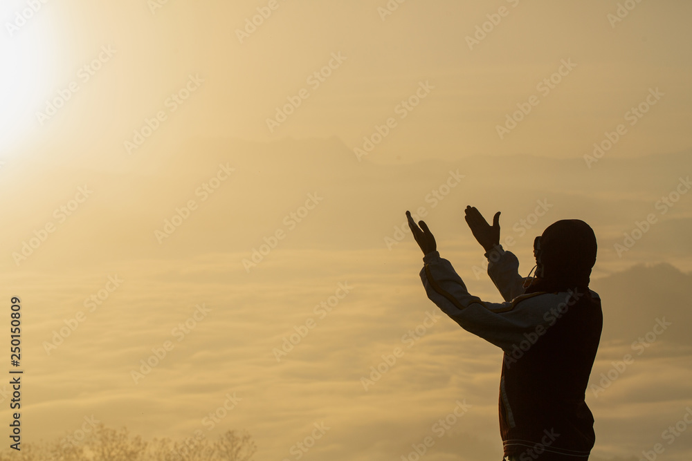 Man hands praying to god, Man Pray for god blessing to wishing have a better life. begging for forgiveness and believe in goodness, Christian Religion concept background.