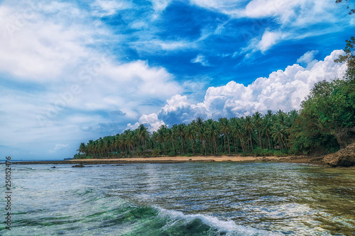 Obraz na płótnie Beautiful island. View of nice tropical beach with palms and stones around. Holiday and vacation concept. Tropical and wild beach at Philippines on the coast island Siargao w salonie